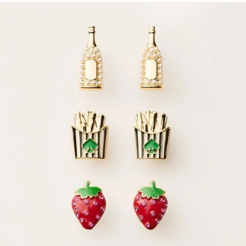 Kate Spade x Target set of 3 earring pairs NIB champagne fries strawberries